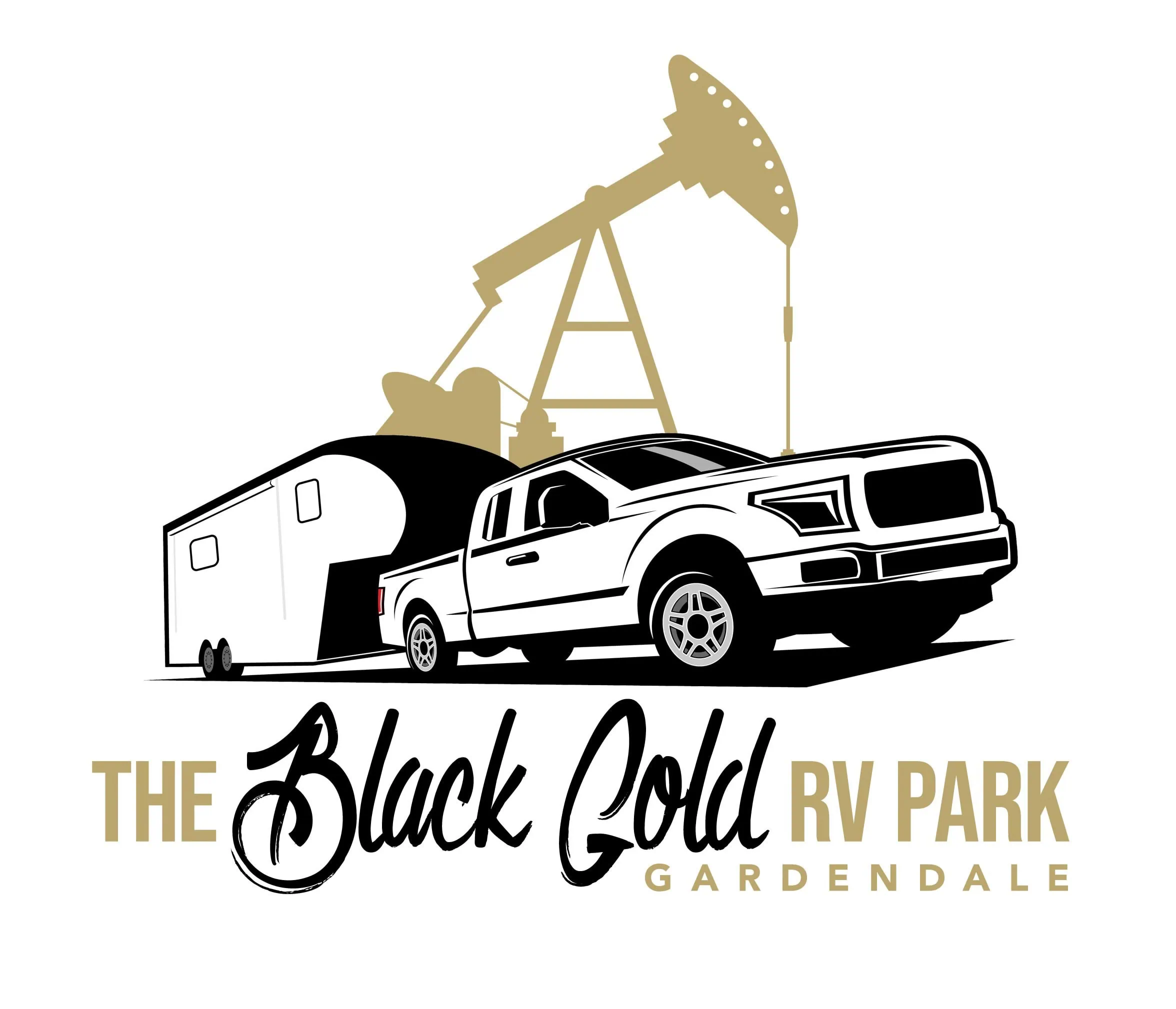 Illustration of a white pickup truck towing a trailer with an oil pump jack in the background. Text reads "The Black Gold RV Park Gardendale.